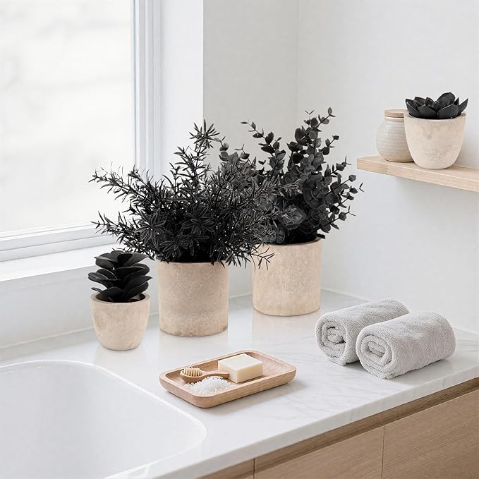 ALAGIRLS 4 Packs Fake Plants Small Artificial Plants Indoor Black Eucalyptus Rosemary Succulents Plants Potted Faux Plants for Home Indoor Office Bathroom Living Room Decor