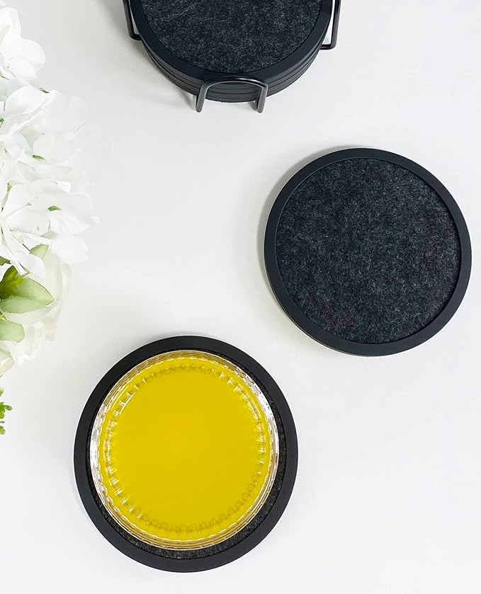 Absorbent Coasters for Drinks with Holder - 6packs, Silicone Coaster with Soft Felt Insert (4.3 inch Coasters with 4.5 inch Holder, Black and White)