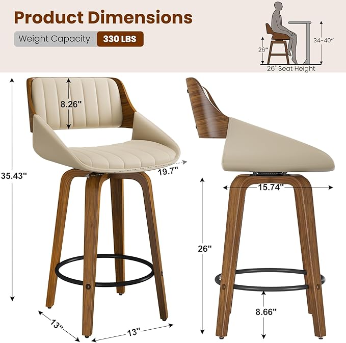 Bar Stools Set of 1, 26" Swivel Counter Height Barstools with Walnut Bentwood Back and Legs, Mid-Century Modern Faux Leather Upholstered Cream Bar Chairs for Kitchen Island, Café, Dining Room, Beige