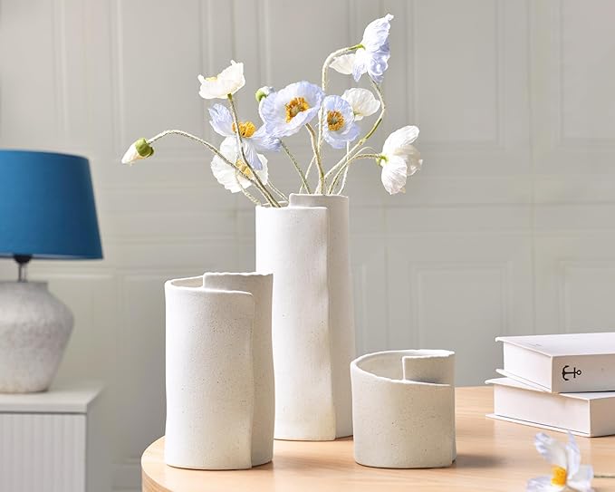 Pointnio White Ceramic Flower Vase,8 Inch Modern Boho Origami Decorative Vase for Home Decor,Small Vases for Pampas Grass,Minimalist Vase for Fresh Flowers,Dried Flowers,Table Shelf Living Room Decor