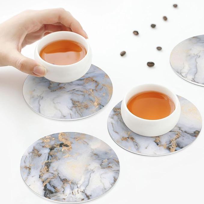 White Gray Gold Marble Coasters Set of 6 Coasters for Drinks Absorbent Double-Sided Leather PVC Coaster for Tabletop Protection Coffee Table Decor Ideal for Home Decor House Warming Gifts