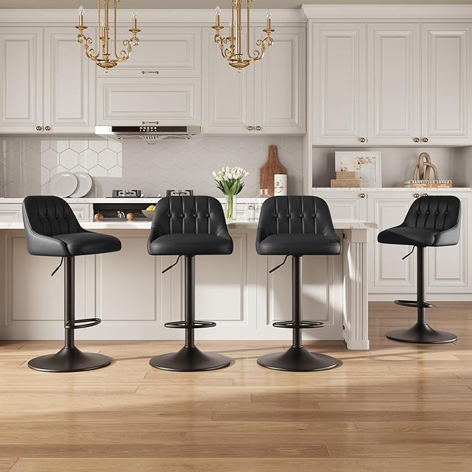 Bar Stools Set of 4, Swivel Bar Chairs, Modern Adjustable PU Leather Upholstered Barstools Counter Height with Tufted Back for Bar, Kitchen Counter Island, Dining Room, Black