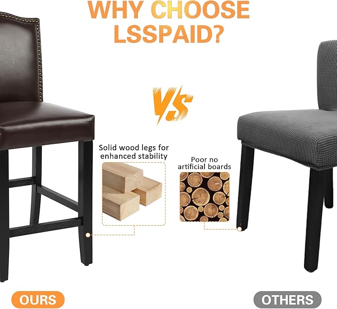 LSSPAID Counter Height Bar Stools Set of 4, 24.8 Inch Pu Upholstered Barstools, Kitchen Island Chairs with Bronze Nail Backrest and Solid Wood Legs for Kitchen Pub Home Cafe, Brown