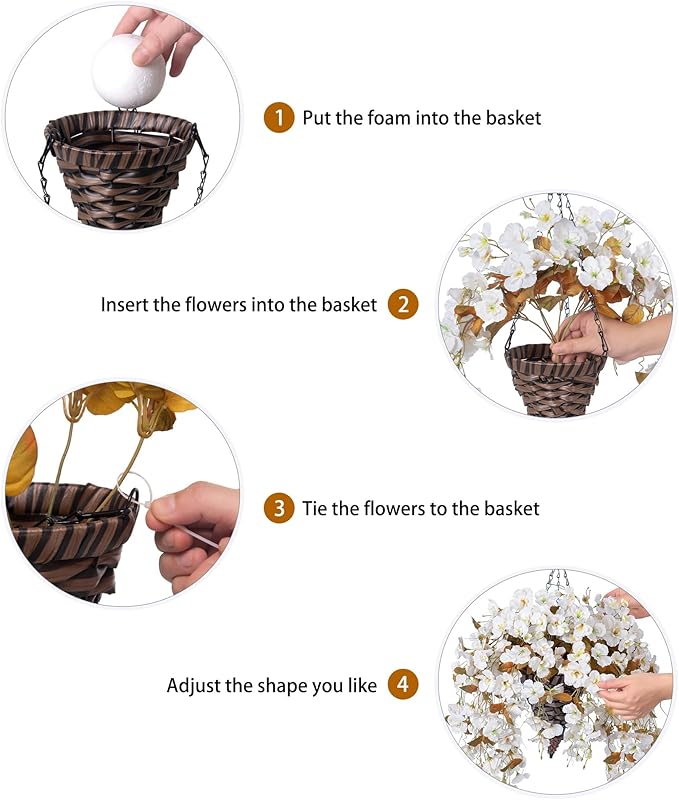 Artificial Fake Fall Hanging Flowers Plants Baskets for Outdoor Decoration, 5Pcs Faux Silk Hibiscus Long Vines in Planter UV Resistant Realistic Flower for Outside Home Porch Patio Garden, Fall White