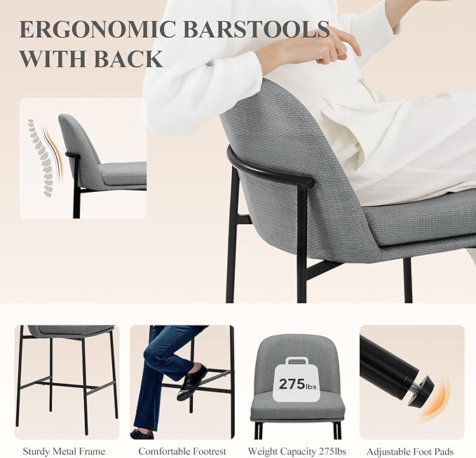 COLAMY Counter Height Bar Stools Set of 6, 25 Inch Modern Fabric Kitchen Island Stools with Back, Upholstered Counter Barstools Armless Bar Chairs with Metal Legs for Island Dining Room Bar,Dark Grey