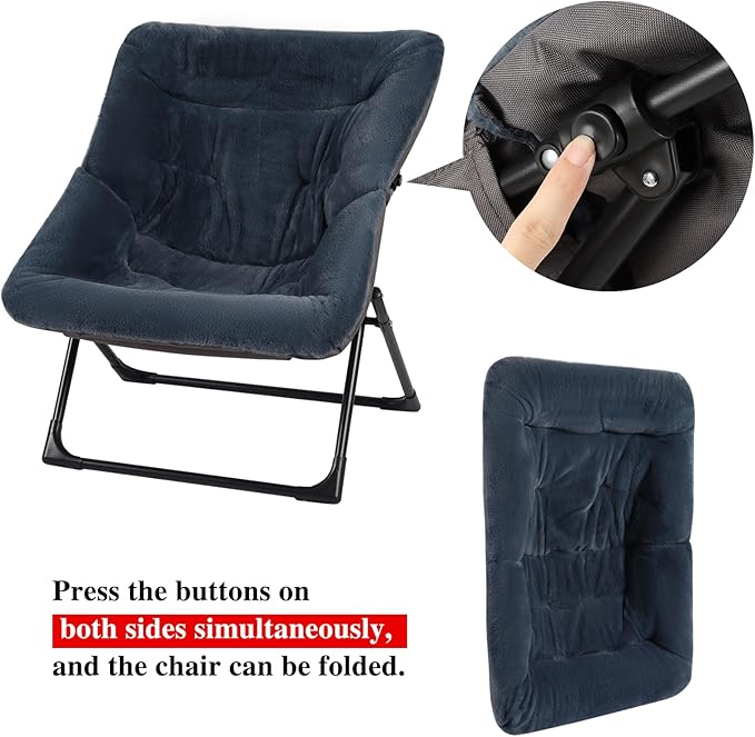 Comfy Saucer Chair for Adults, Soft Faux Fur Bedroom Chair with Ottoman, Accent Dorm Chairs, Living Room Reading Chairs and Footstool, Folding Lounge Seat for Teens, X-Large, Navy Blue