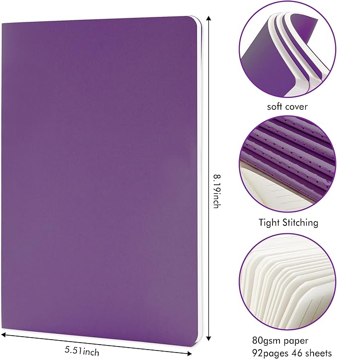 16 Pack Soft Cover Journal Bulk, Feela Lined Notebooks College Ruled for Work for Women Girl Writing, Blank Travel Journal Note Taking Notebook School Business Supplies, 8.2” x 5.5”, A5, Dark Purple