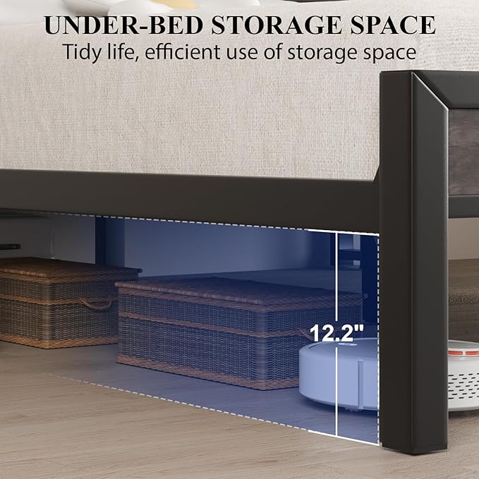 Full Size Bed Frame with Storage Headboard, Industrial Platform Bed with Charging Station and LED Lights, Heavy Duty Metal Slats, No Box Spring Need, Noise Free, Grey