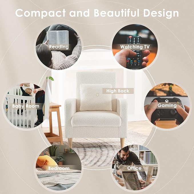 COLAMY Sherpa Upholstered Accent Chair Armchair with Pillow, Fabric Reading Living Room Side Chair,Single Sofa with Lounge Seat and Wood Legs, Cream