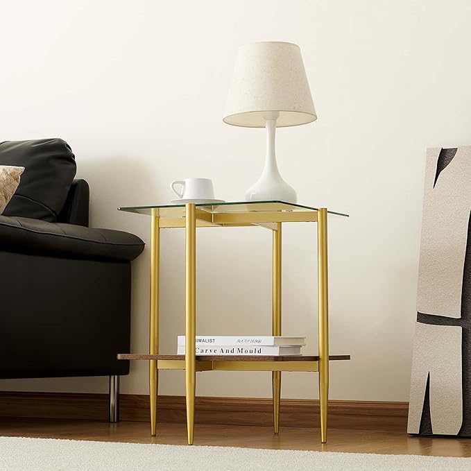 Square Glass End Table, Mid-Century Modern Sofa Table, L20*W20*H23 inch for Living Room, 2-Tier Structure, Clear Glass Top and Walnut MDF Shelf, Sleek Conical Metal Legs with Gold Finish