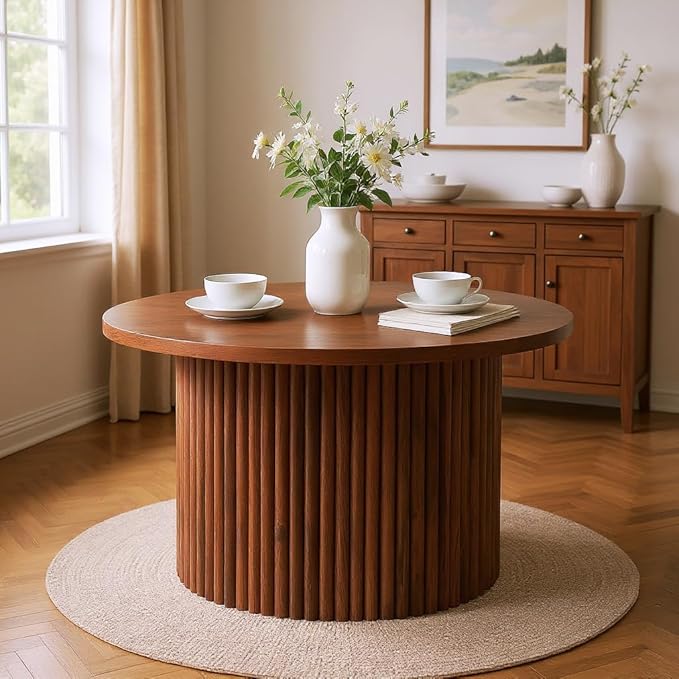 27.5'' Round Dining Table for 4, Modern Wood Farmhouse Kitchen Circle Table with Sturdy Cylindrical Pedastal, Dinner Tables for Dining Room, Living Room Walnut