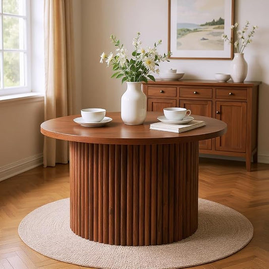 27.5'' Round Dining Table for 4, Modern Wood Farmhouse Kitchen Circle Table with Sturdy Cylindrical Pedastal, Dinner Tables for Dining Room, Living Room Walnut