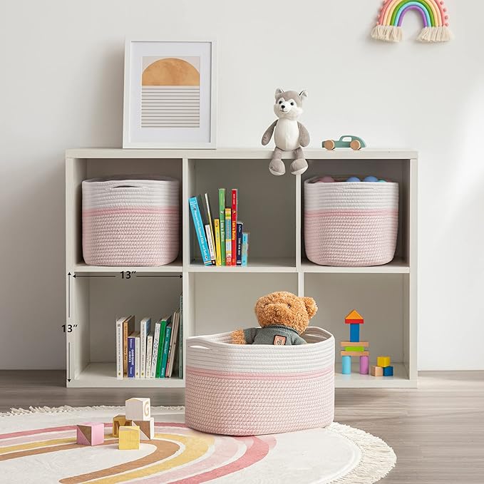 UBBCARE 3-Pack Woven Rope Shelf Baskets - 15x10x9in Decorative Storage Basket for Toys, Kids Playroom, Closet Organization & Cube Storage Organizer | Gift Basket Empty, Off White/Mixed Pink