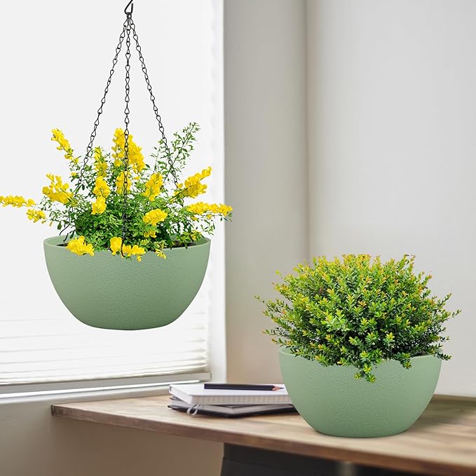10 inch Hanging Planters Plant Pots for Indoor Outdoor Plants, 2 Pack Hanging Flower Pots with Drainage Holes and Chain for Garden Porch, Plastic Hanging Baskets for House Plants, Green