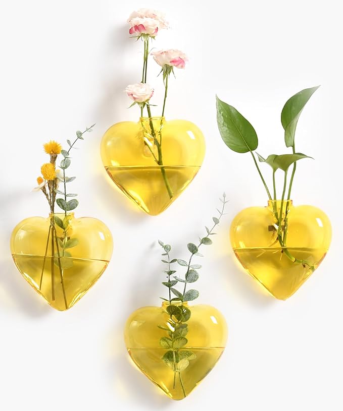 Nacome Wall Hanging Glass Planter Terrarium Plant Propagation Station, 4 Pack Heart Shape Vase for Hydroponic Home Office Garden Decor,Unique Gardening Gifts for Plant Lovers Women Mom(Yellow)