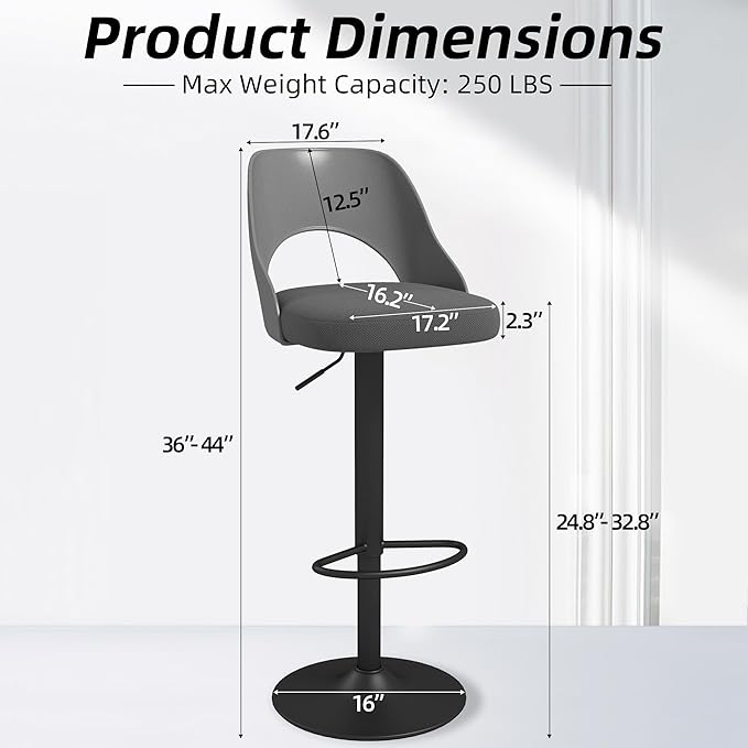 civama Bar Stools Set of 3 for Kitchen Counter, Seat Height Adjustable 25''-33'', Modern Upholstered Swivel Island Chairs with Hollow Backrest Metal Base, Grey