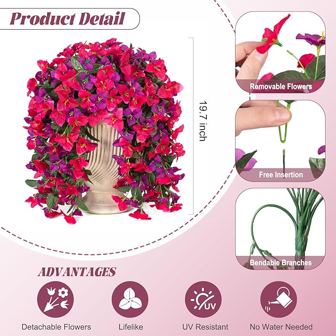 2 pcs Artificial Faux Bougainvillea Flowers Plants for Outdoor Outside Summer Decoration, Fake Silk UV Resistant Long Trailing Vines for Front Door Porch Planter Balcony (Rose Deep Lotus)