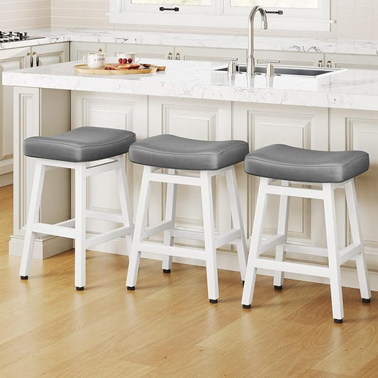 Counter Height Bar Stools Set of 3, 24 Inch Barstools for Kitchen Counter, Kitchen Stools with Bonded Leather Saddle Seats & Heavy Duty Metal Legs, Easy Assembly, Gray/White