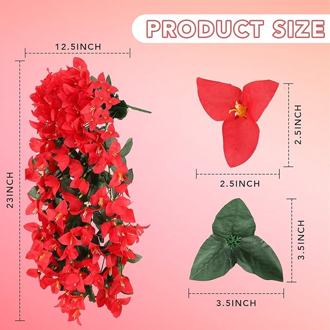 Artificial Bougainvillea Flowers for Outdoor Plant,4 pcs Faux Hanging Flowers Bougainvillea for Outside Decoration,Fake Silk UV Resistant Vines for Front Door Porch(Red)