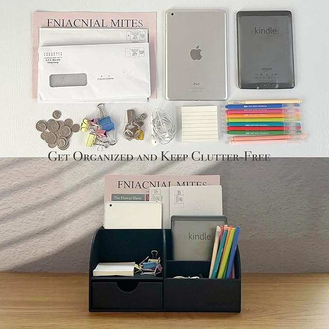 UnionBasic Desk Organizer - Multifunctional Leather Desktop Pen Holder Storage Box - Business Card/Pen/Pencil/Mobile Phone/Stationery Holder, Black Revised