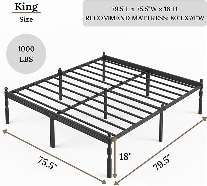 18 Inch King Metal Bed Frame with Mattress Slide Stopper, King Size Platform Bed Frames No Box Spring Needed, Heavy Duty Bedframe, Easy Assembly, Noise Free