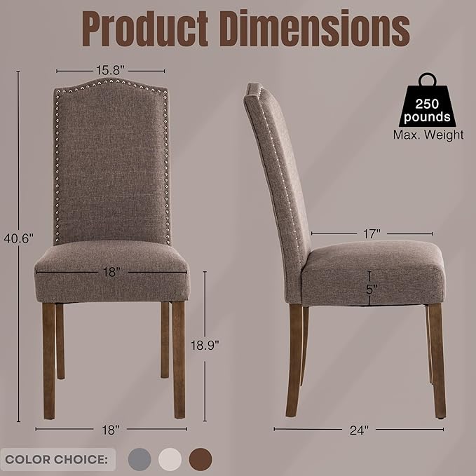 Stylish Upholstered Parsons Dining Chair Kitchen with Silver Nailhead Trim and Sturdy Solid Wood Legs