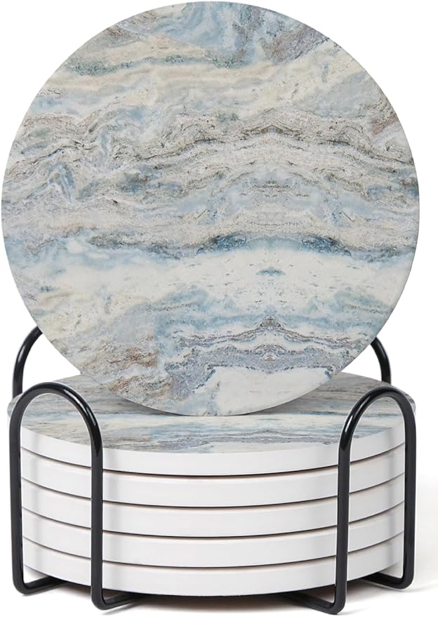 Set of 6 Mix Color Abstract Onyx Marble Coasters with Holder, Absorbent Ceramic Coasters for Drinks, Coasters with Cork Backing for Table Protection, Home Decor, Coffee Table Decor