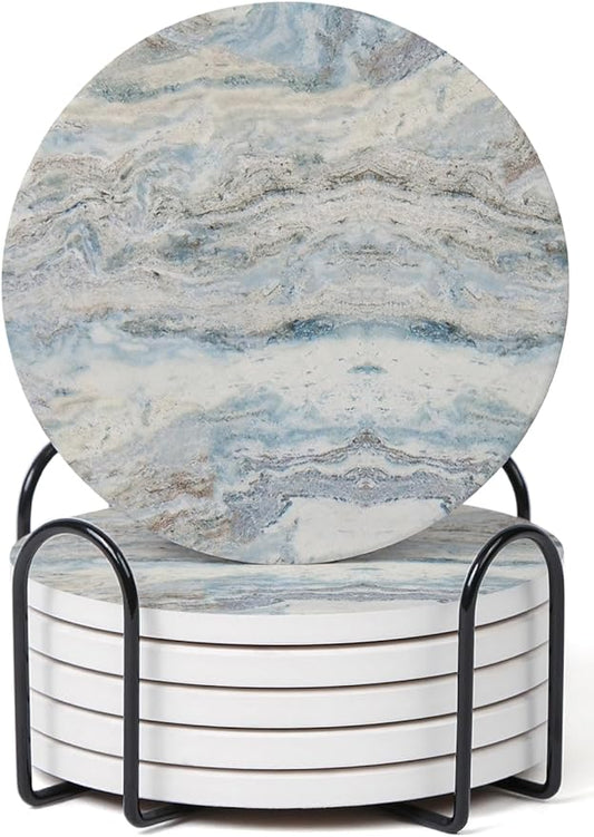 Set of 6 Mix Color Abstract Onyx Marble Coasters with Holder, Absorbent Ceramic Coasters for Drinks, Coasters with Cork Backing for Table Protection, Home Decor, Coffee Table Decor