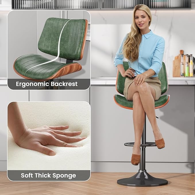 Swivel Bar Stools Set of 4, Adjustable Bentwood Barstools for Kitchen Counter, Modern PU Leather Upholstered Bar Chair with Back and Footrest, for Kitchen Island, Bar, Dining Room, Green