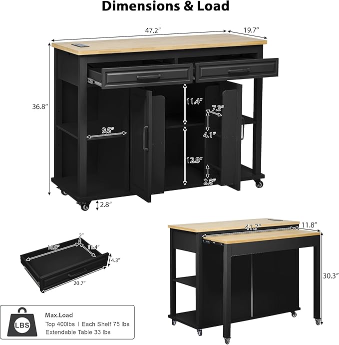 Merax Rolling Kitchen Island on Wheels with Extendable Dining Table & Power Outlet, Wood Kitchen Cart on Wheels with Internal Storage Rack,2 Drawers & 2 Cabinets, 47" Wide Black