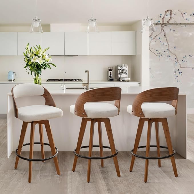 Barstools Set of 3,Counter Height Bar Stools for Kitchen Island,26.8 Inch Modern Upholstered Bar Chair, Swivel Counter Stools with Wood Back and Bamboo Legs (Beige-Fabric)