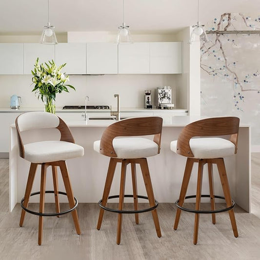 Barstools Set of 3,Counter Height Bar Stools for Kitchen Island,26.8 Inch Modern Upholstered Bar Chair, Swivel Counter Stools with Wood Back and Bamboo Legs (Beige-Fabric)