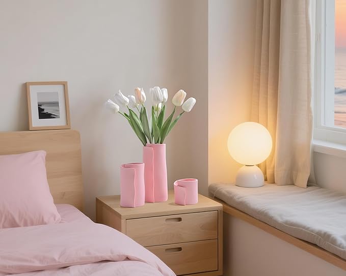 Pointnio Pink Ceramic Flower Vase Set of 3,Small Origami Flower Vases for Room Decor,Modern Boho Farmhouse Vase,Decorative Vases for Home Decor,Living Room, Kitchen, Bedroom