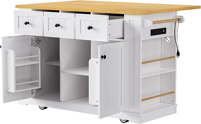 Merax 53" Upgraded Kitchen Cart Island with 2 Bar Stools on Wheels with Power Outlet,Drop Leaf,3 Drawers and 5 Open Side Racks,Wood Storage Cabinet