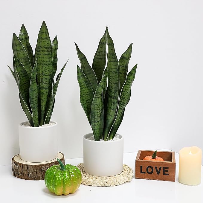 Faux Plants, Artificial Snake Plant Set of 2, Faux Snake Plant with Pure White Ceramic Pots, Fake Sansevieria for Home Decor Indoor, Office, Living Room, Housewarming Gifts