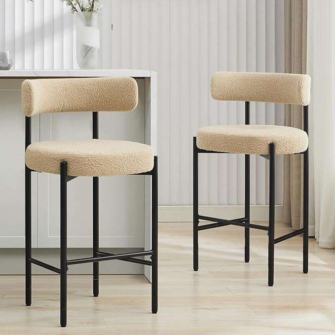 28'' Boucle Bar Stools Set of 2, Beige Bar Stools with Backs, Counter Height Bar Height Stools for Kitchen Island, Upholstered Bar Chairs