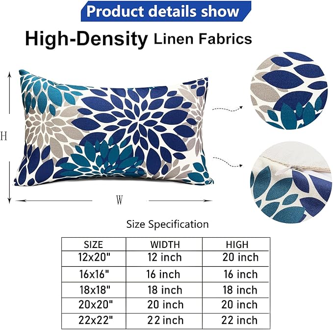 Decorative Throw Pillow Covers Set of 2 Blue Pillow Covers 12x20 Inch Couch Pillow Covers for Sofa Living Room Outdoor Throw Pillow Cover Linen Square Floral Flower Farmhouse Pillowcase