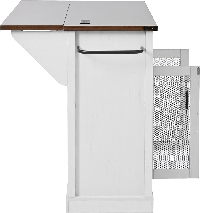 Merax Farmhouse 58 inch Kitchen Island on 5 Wheels with Drop Leaf Table, Power Outlet & Glass Holders, Wood Kitchen Rolling Cart with Spice Rack & Sliding Barn Door, 3 Drawers & Cabinet, White