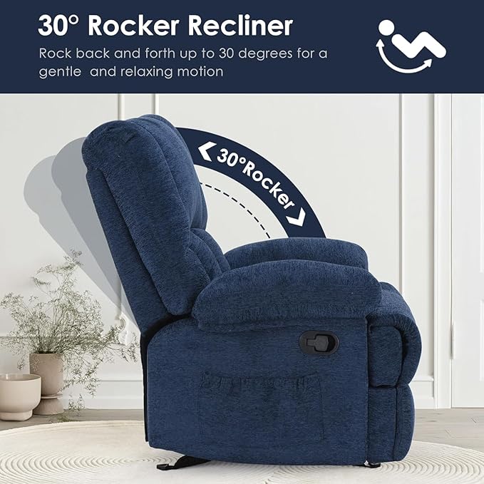Oversized Rocker Recliner Chair, Wide Rocker Chair with Adjustable Backrest Footrest, Oversized Recliner for Adults, Reclining Sofa for Living Room, Navy