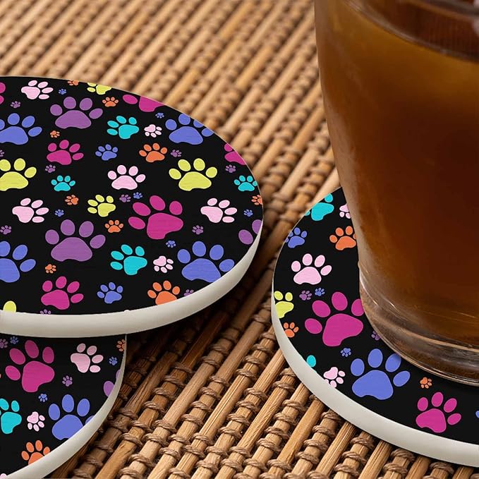 Colorful Paws Drink Coaster Repeating Cute Animal Puppy Cats Paws Print Beautiful Home Decor Diatomite Heat-Resistant Diatomite 4 Inch for Cold Drinks Wine Mugs Cups