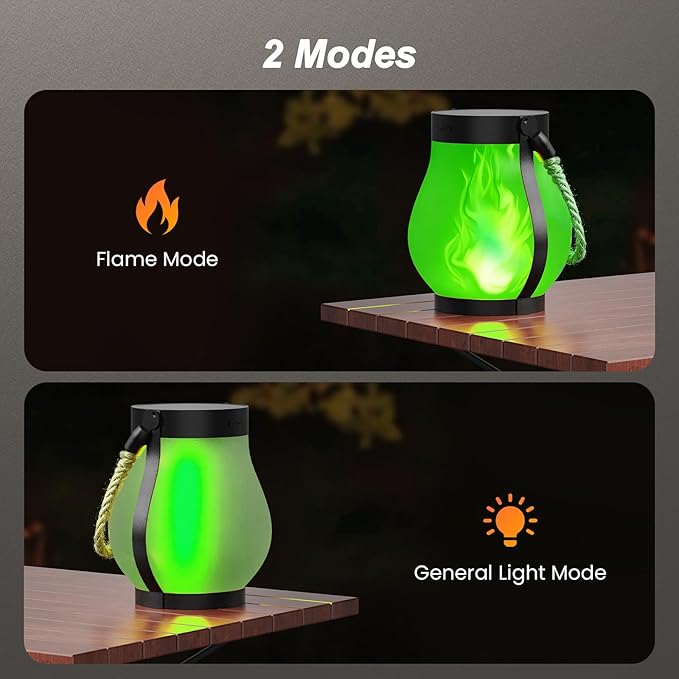 Hompavo Gen2 Solar Lanterns Outdoor Waterproof with Realistic Flickering Flame, Dual Charging (USB/Solar) & 2 Modes - Decorative Hanging/Table Lights for Patio Garden Porch Halloween Decor, 2/Green