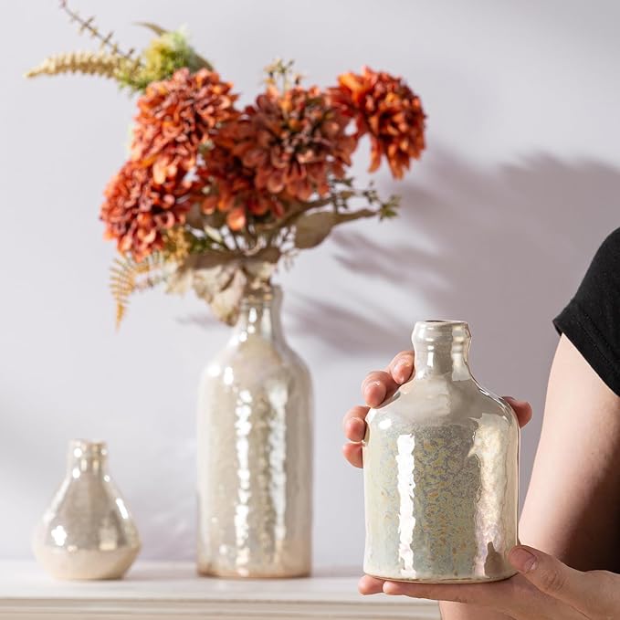 Ceramic Vase Set of 3, Decorative Vases Home Decor Modern Neutral Flower Pampass Boho Vase for Living Room, Table, Mantel, Entryway, Bookshelf, Kitchen, Bedroom, Bathroom - White