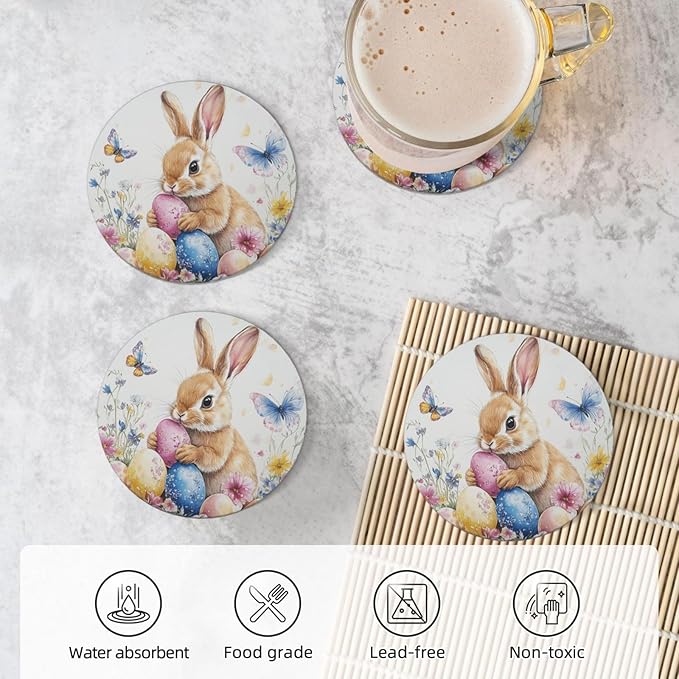 Easter Bunny Colorflu Eggs Coasters for Drinks Rabbit Wildflowers Butterfly Absorbent Ceramic Coaster Set of 4 for Coffee Table Cup Bar Desk Round Coasters Mat with Cork Base Seasonal Home Decors