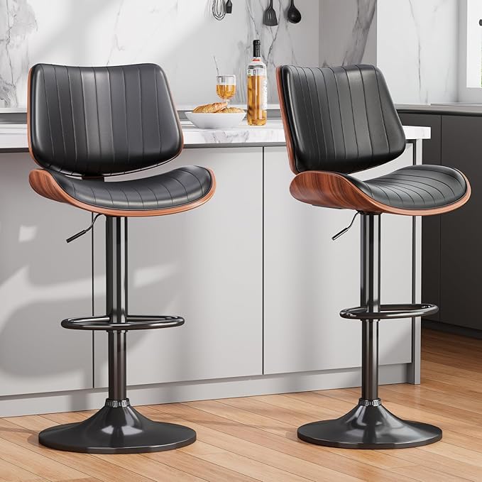 Swivel Bar Stools Set of 3, Adjustable Bentwood Barstools for Kitchen Counter, Modern PU Leather Upholstered Bar Chair with Back and Footrest, for Kitchen Island, Bar, Dining Room, Black