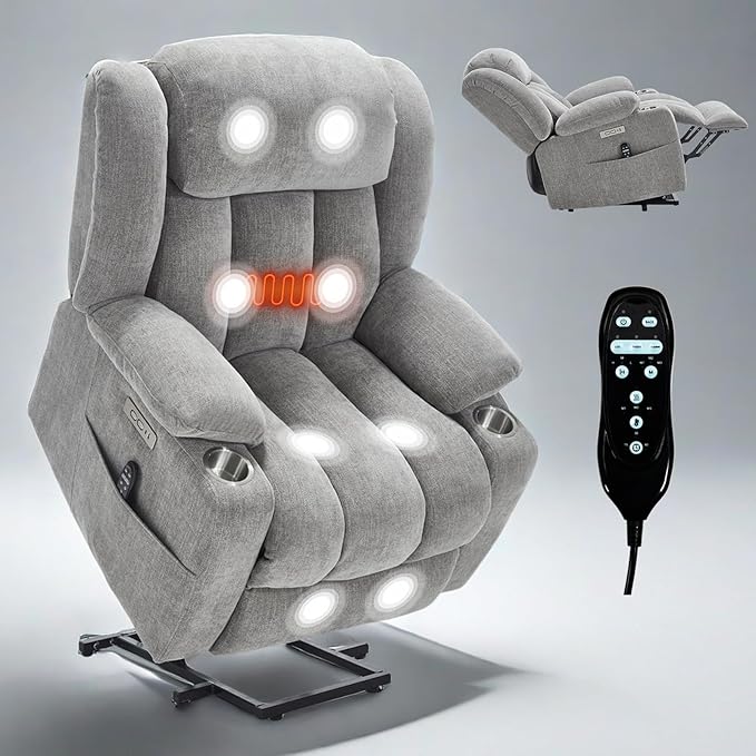 Power Lift Recliner Chair, USB/Type-C Ports & Cup Holders, Heavy Duty Chenille Recliner for Elderly, Light Grey