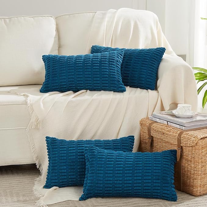 Fancy Homi 4 Packs Teal Lumbar Decorative Throw Pillow Covers 12x20 Inch for Living Room Couch Bed Sofa, Farmhouse Boho Home Decor, Soft Striped Corduroy Rectangle Cushion Case 30x50 cm