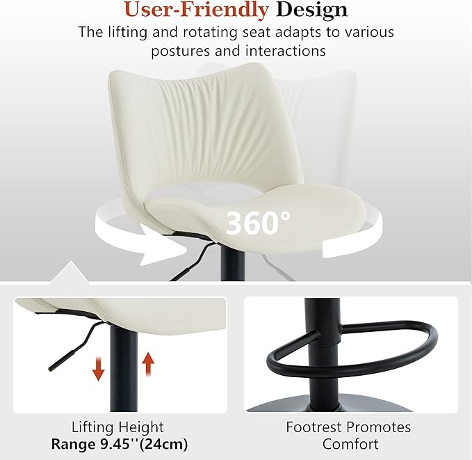 YOUNIKE Modern Bar Stools Set of 2, White PU Leather Upholstered Barstools, Swivel Adjustable Armless Counter Stool, Ergonomic Hollow Mid Backrest Bar Chair for Kitchen Island, Home Bar Counter