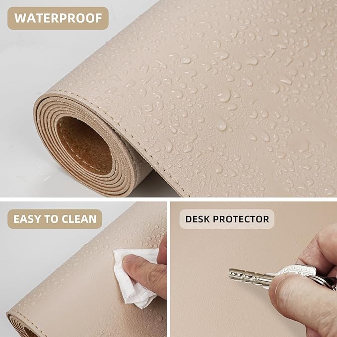 Leather Desk pad Protector, Large Desk mat with Natural Cork & PU Leather,Mouse pad,Non-Slip Office Desk Mat,Waterproof Desk Writing Pad for Office and Home (35in*17in,Beige)