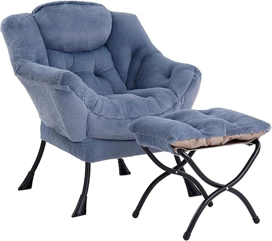 LITA Lazy Chair with Ottoman, Modern Accent Leisure Upholstered Sofa Chair, Lounge Reading Chair with Armrests and a Side Pocket for Living Room, Bedroom & Small Space, Plush Light Blue