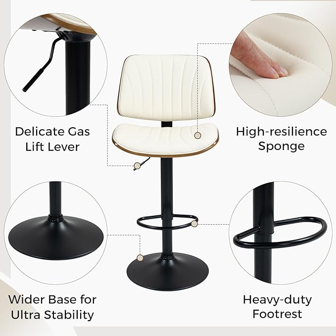 ECOTOUGE Bar Stools Set of 2, Adjustable Swivel Leather BarStools, Modern Mid Century Counter Height Bar Chairs stools with Back & Footrest for Kitchen Island(Ivory White/Beige)